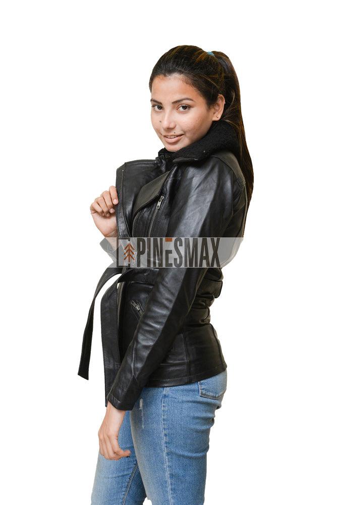 Diana Womens Shearling Collar Black Belted Leather jacket - PINESMAX