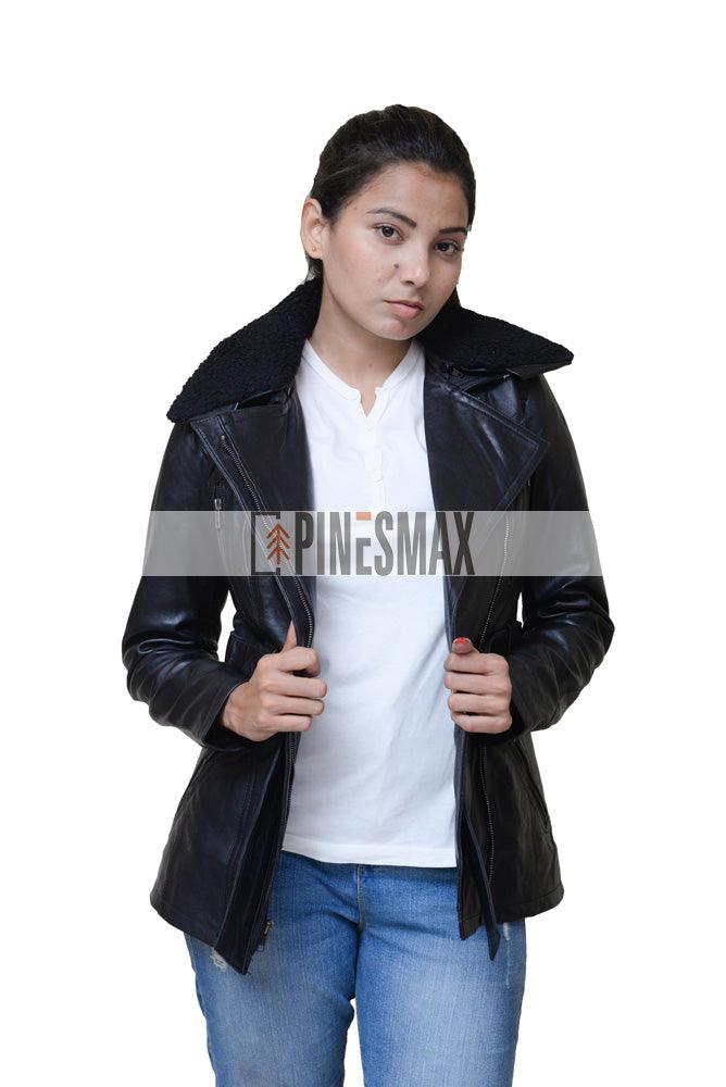 Diana Womens Shearling Collar Black Belted Leather jacket - PINESMAX