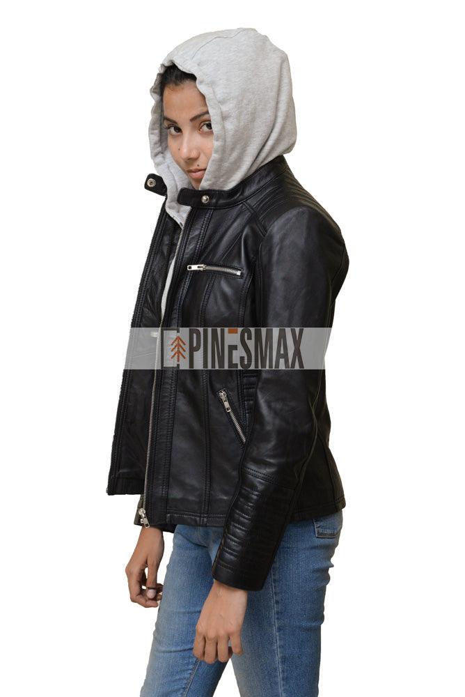 Amenda Womens Black Hooded Leather Jacket - PINESMAX