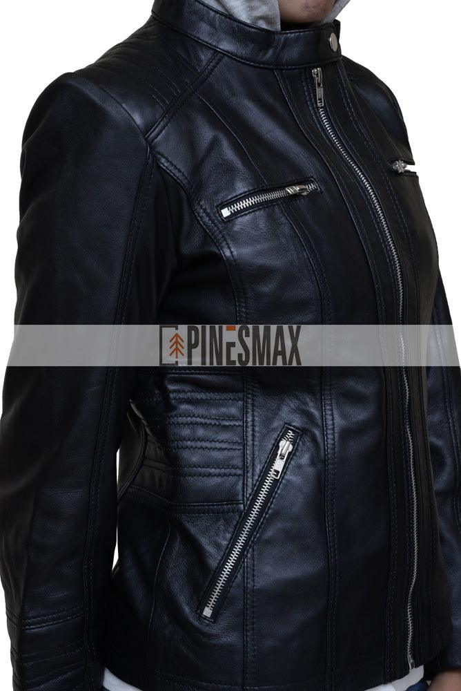 Amenda Womens Black Hooded Leather Jacket - PINESMAX