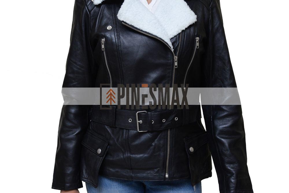Vanessa Womens Shearling Black Biker Leather Jacket - PINESMAX
