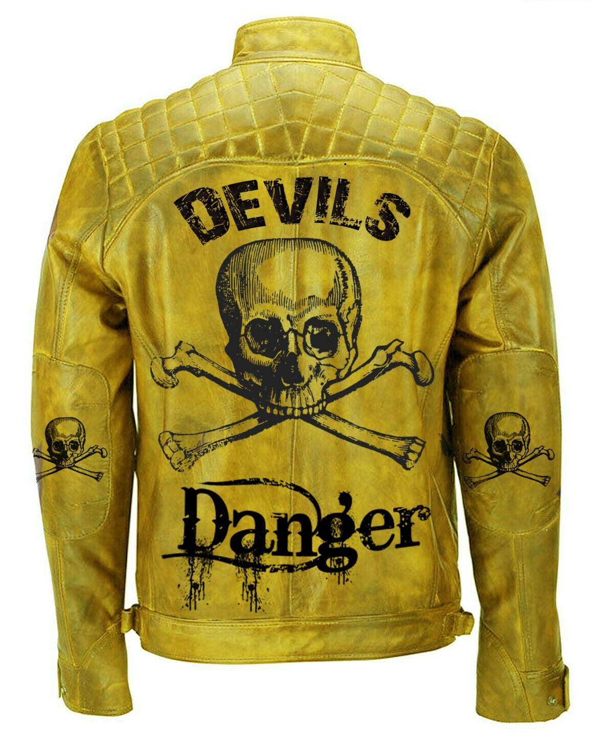 Men’s Yellow Devil’s Skull Danger Biker Vintage Leather Jacket - PINESMAX