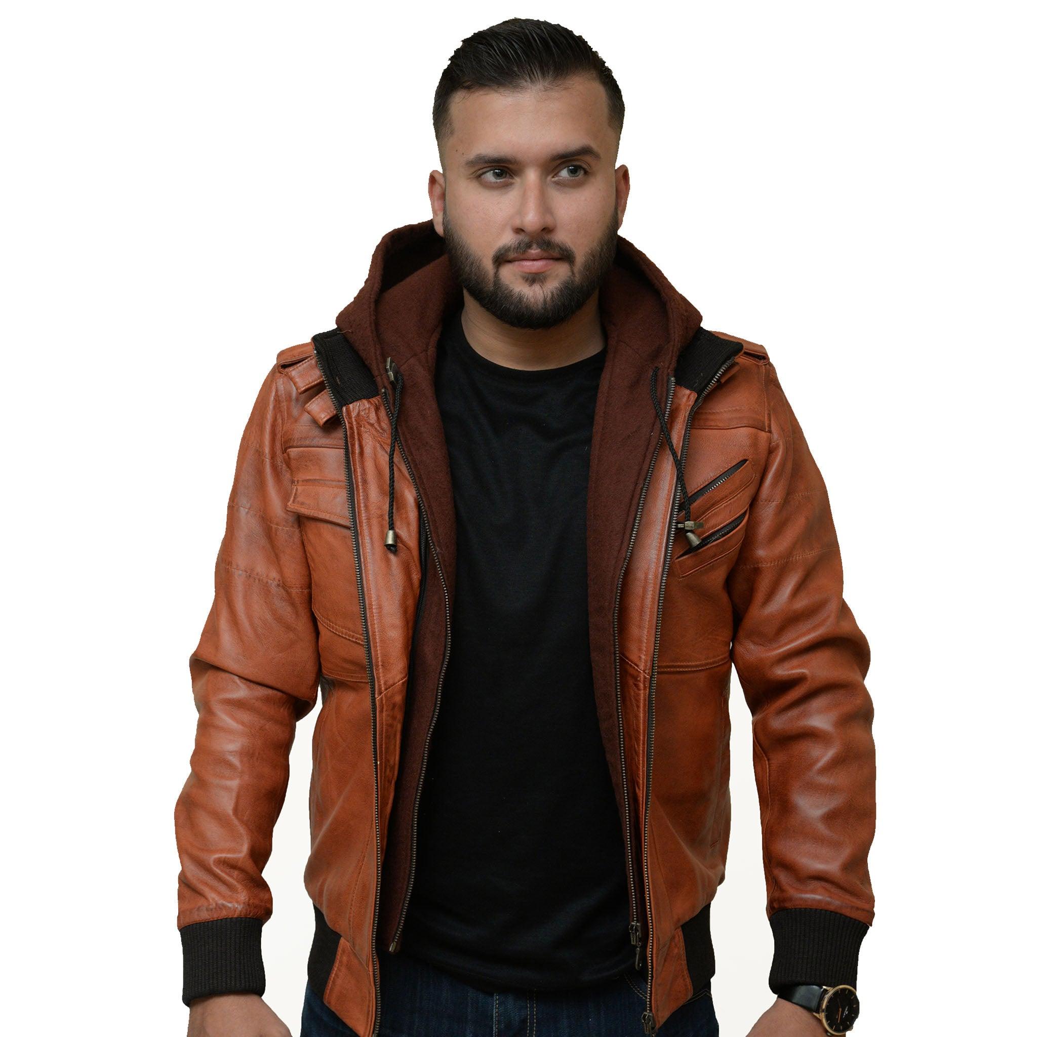Edinburgh Light Brown Removable Hooded Leather Jacket - PINESMAX