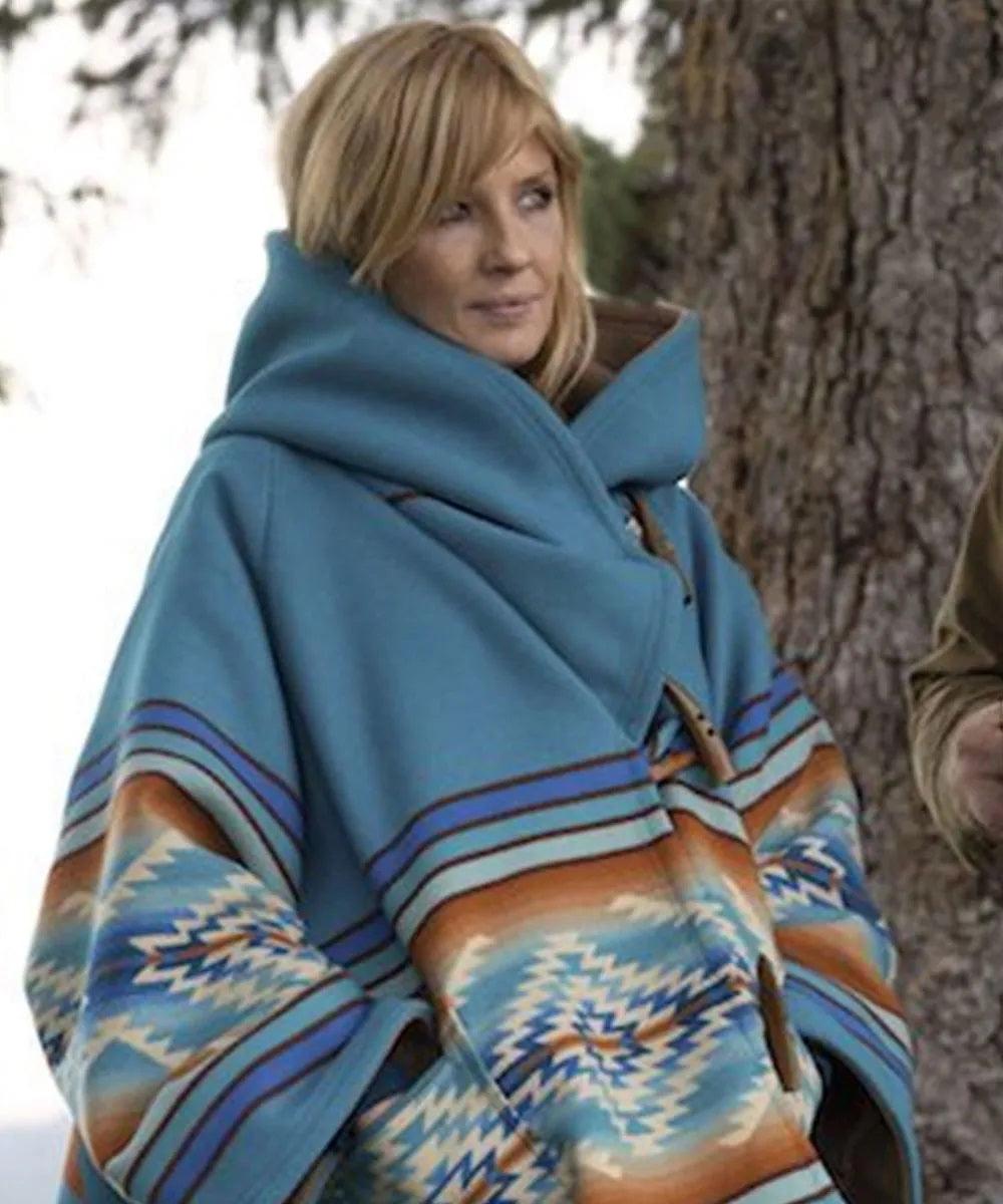 Yellowstone Season 03 Beth Dutton Blue Hooded Women's Kelly Reilly Coat - PINESMAX