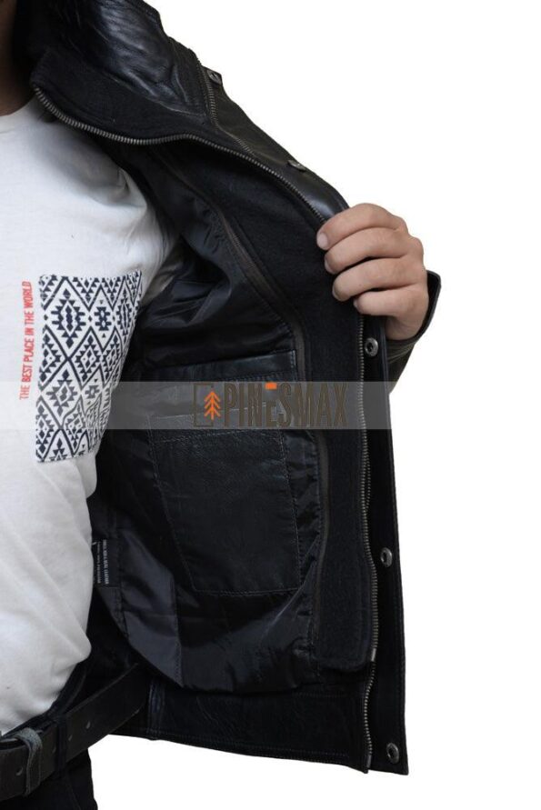 Eric Black Leather Jacket For Men with Removable Collar, Bomber Jacket - PINESMAX