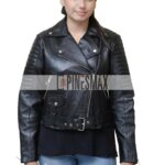 Lara Women Motorcycle Asymmetrical Belted Black Leather Jacket - PINESMAX