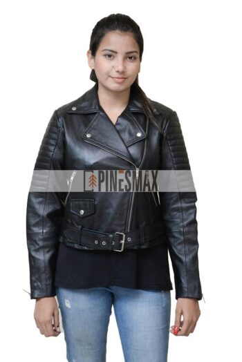 Lara Women Motorcycle Asymmetrical Belted Black Leather Jacket - PINESMAX