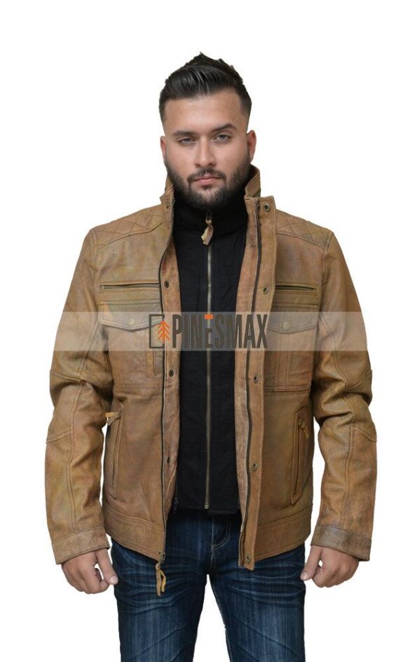 Moffit Mens Light Brown Distressed Motorcycle Leather Jacket - PINESMAX