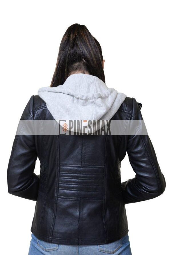 Amenda Womens Black Hooded Leather Jacket - PINESMAX