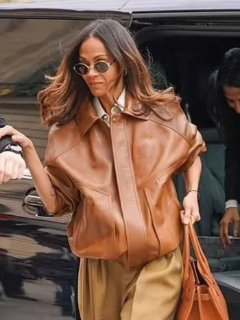 Zoe Saldaña 2025 Brown Leather Jacket