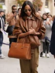 Zoe-Saldana-Street-Style-2025-Brown-Bomber-Leather-Jacket
